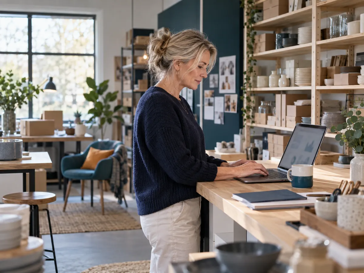 Virksomhedsejer arbejder på en bærbar computer i sit showroom