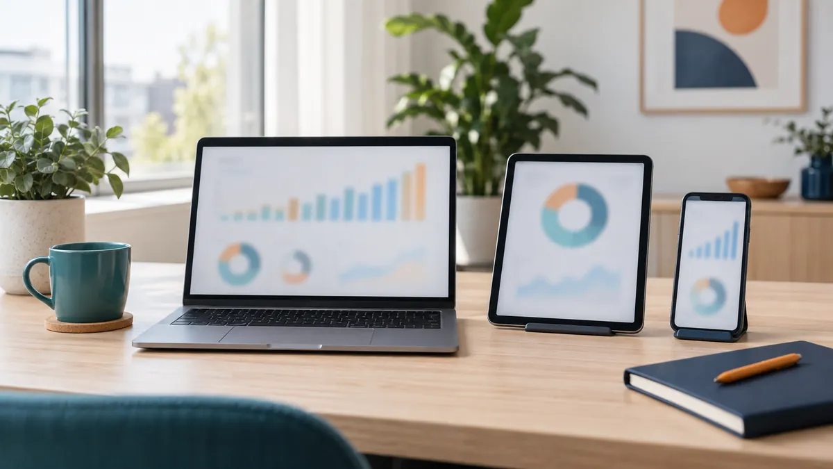 Bærbar computer, tablet og mobil viser slørede diagrammer på et lyst skrivebord